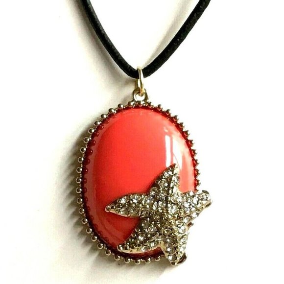 Coral Starfish Necklace Gold Plated Pendant Cabachon Peach 24" Leather Chain - Picture 6 of 11
